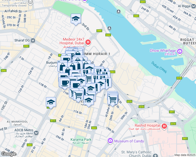 map of restaurants, bars, coffee shops, grocery stores, and more near Zabeel Road in Dubai