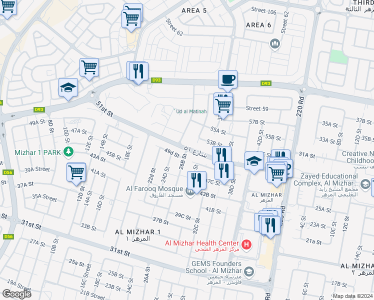 map of restaurants, bars, coffee shops, grocery stores, and more near 51st Street in Dubai