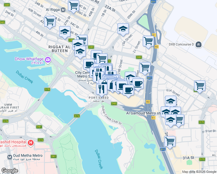 map of restaurants, bars, coffee shops, grocery stores, and more near Al Ittihad Road in Dubai