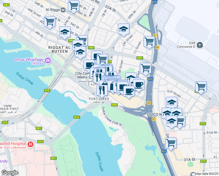 map of restaurants, bars, coffee shops, grocery stores, and more near Al Ittihad Road in Dubai