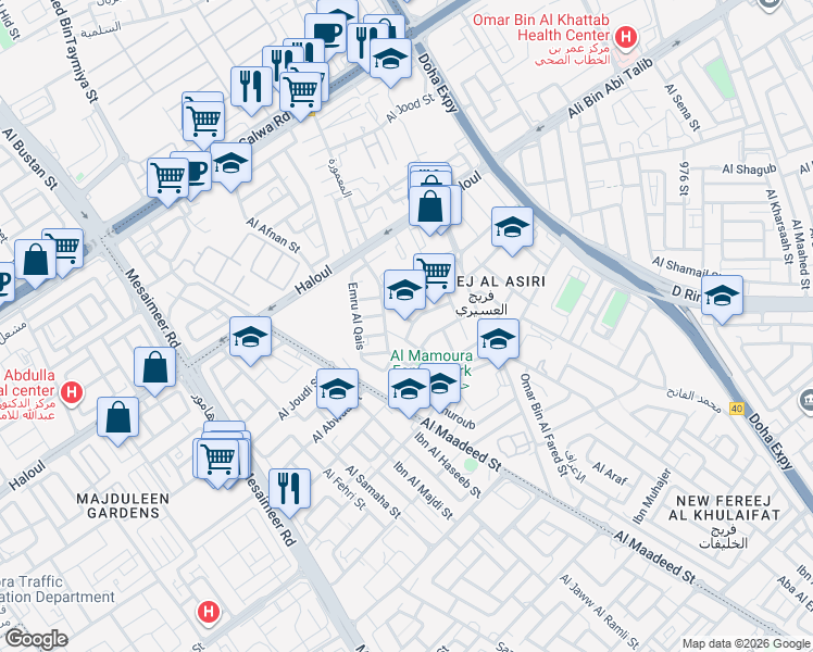 map of restaurants, bars, coffee shops, grocery stores, and more near Haloul in Doha