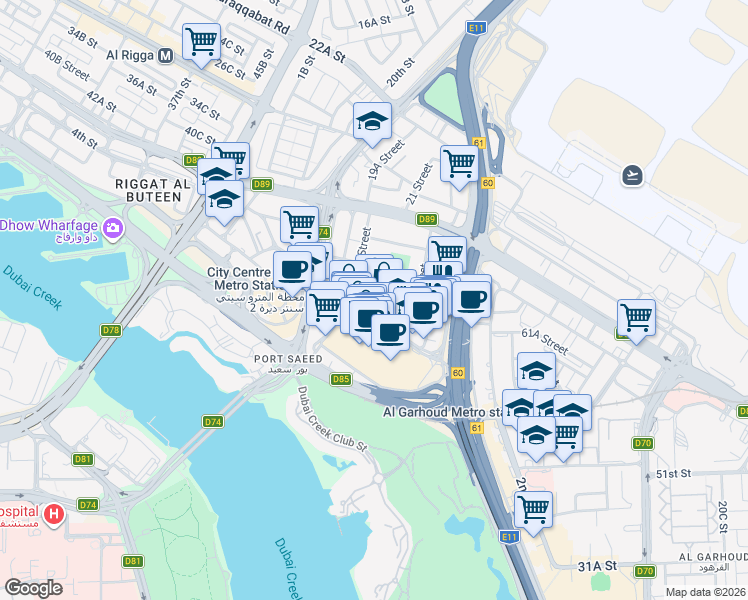 map of restaurants, bars, coffee shops, grocery stores, and more near in دبي