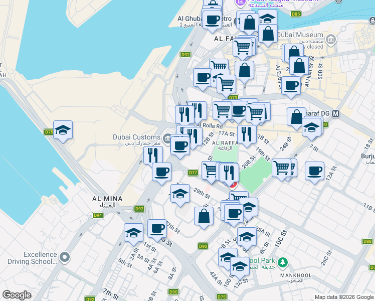 map of restaurants, bars, coffee shops, grocery stores, and more near Al Mina Street in Dubai