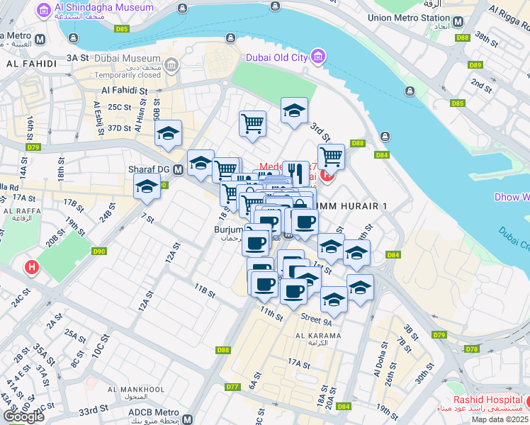 map of restaurants, bars, coffee shops, grocery stores, and more near 133 Khalid Bin Al Waleed Road in Dubai