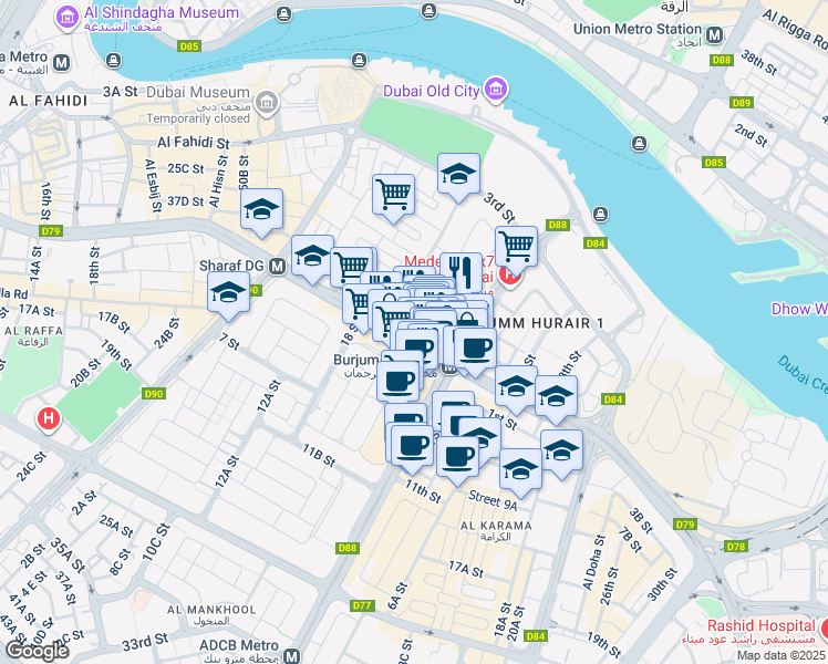 map of restaurants, bars, coffee shops, grocery stores, and more near 133 Khalid Bin Al Waleed Road in Dubai