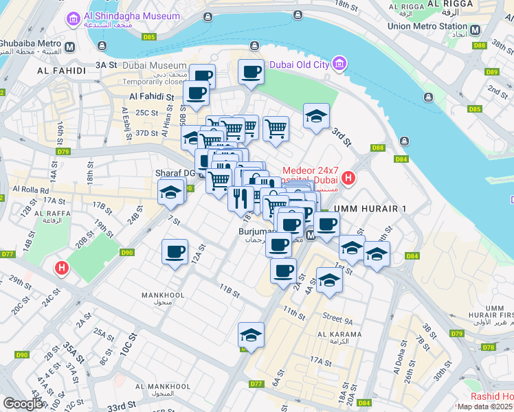 map of restaurants, bars, coffee shops, grocery stores, and more near Khalid Bin Al Waleed Road in Dubai