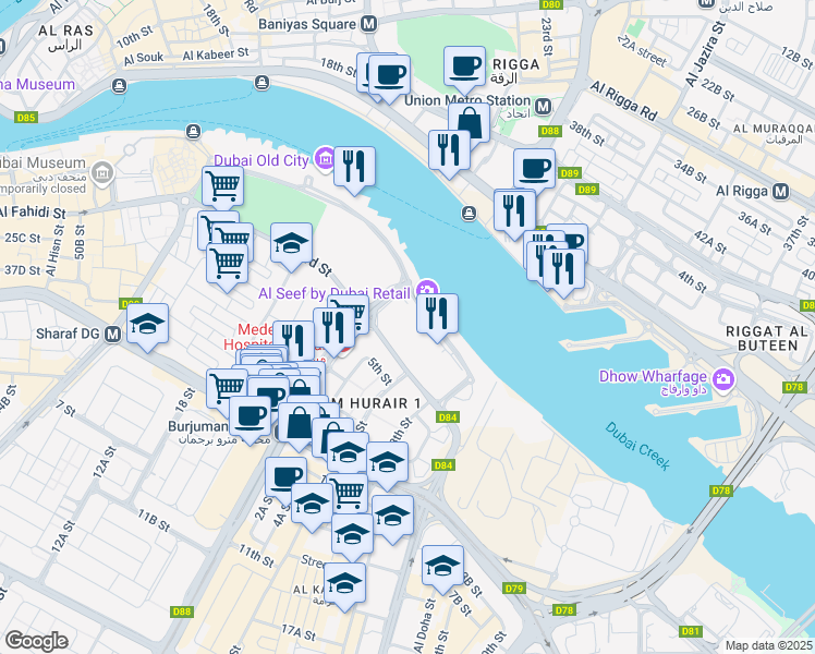 map of restaurants, bars, coffee shops, grocery stores, and more near 8 Al Seef Street in Dubai