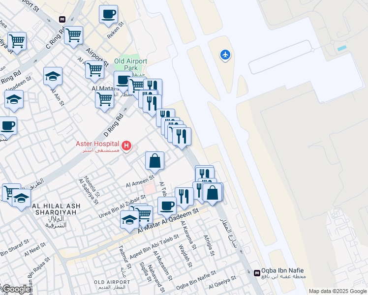 map of restaurants, bars, coffee shops, grocery stores, and more near Al Matar Street in Doha