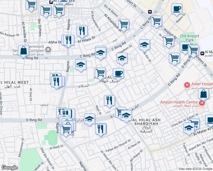 map of restaurants, bars, coffee shops, grocery stores, and more near Hassan Bin Thabit Street in Doha