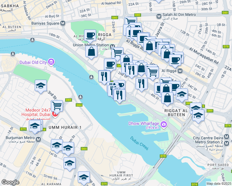 map of restaurants, bars, coffee shops, grocery stores, and more near 10 Baniyas Road in Dubai