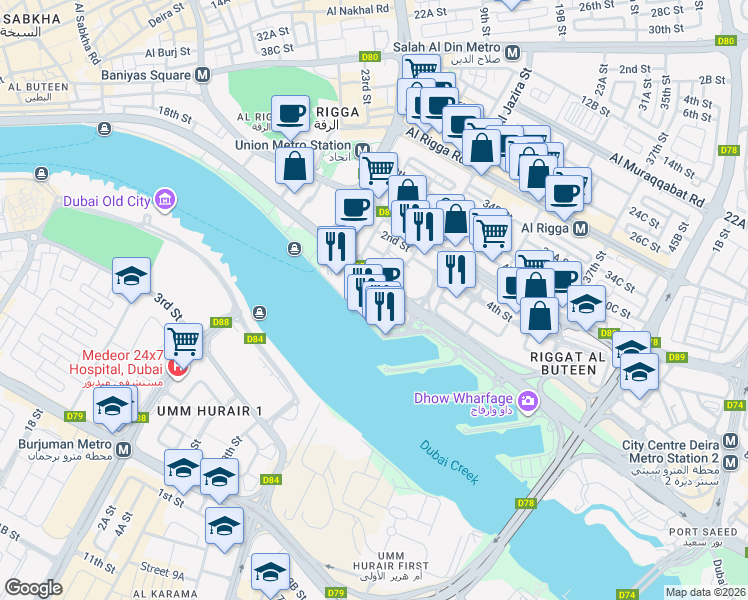 map of restaurants, bars, coffee shops, grocery stores, and more near 10 Baniyas Road in Dubai