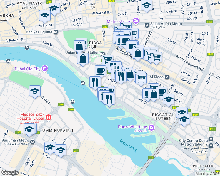 map of restaurants, bars, coffee shops, grocery stores, and more near Baniyas Road in Dubai