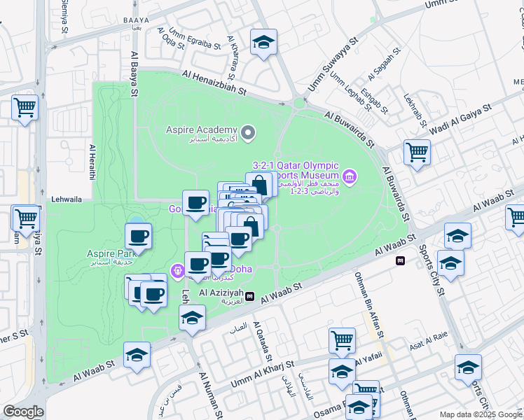map of restaurants, bars, coffee shops, grocery stores, and more near in Doha