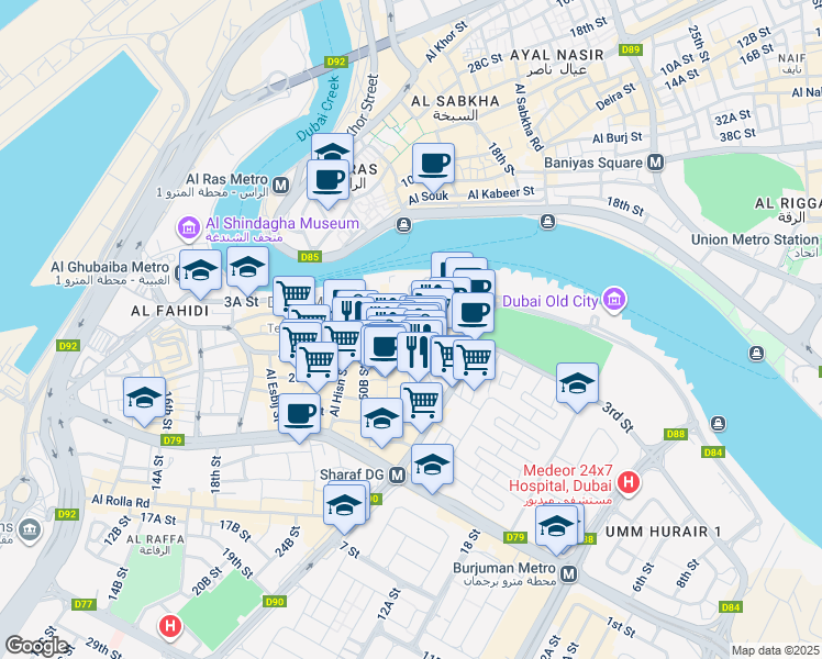 map of restaurants, bars, coffee shops, grocery stores, and more near 1 62a Street in Dubai