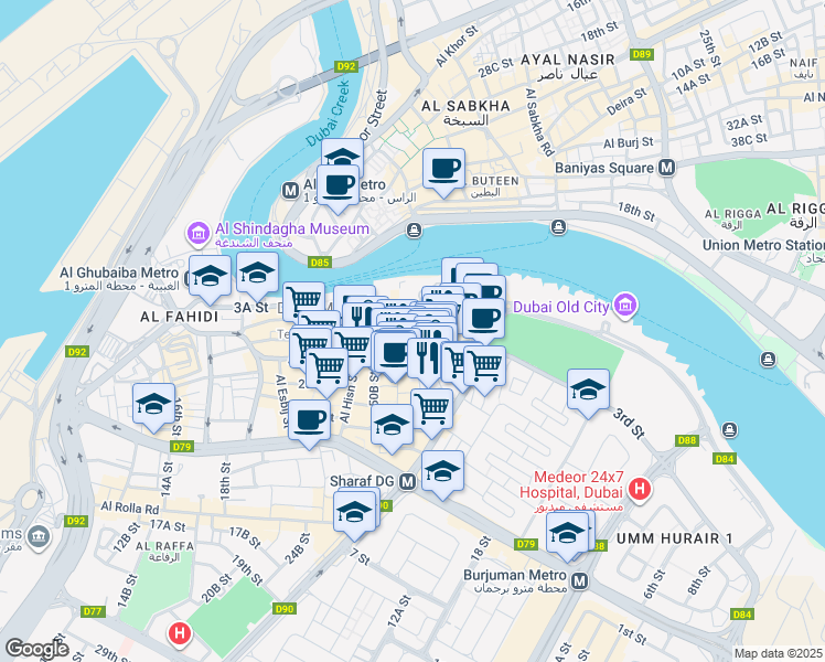 map of restaurants, bars, coffee shops, grocery stores, and more near 1 62a Street in Dubai