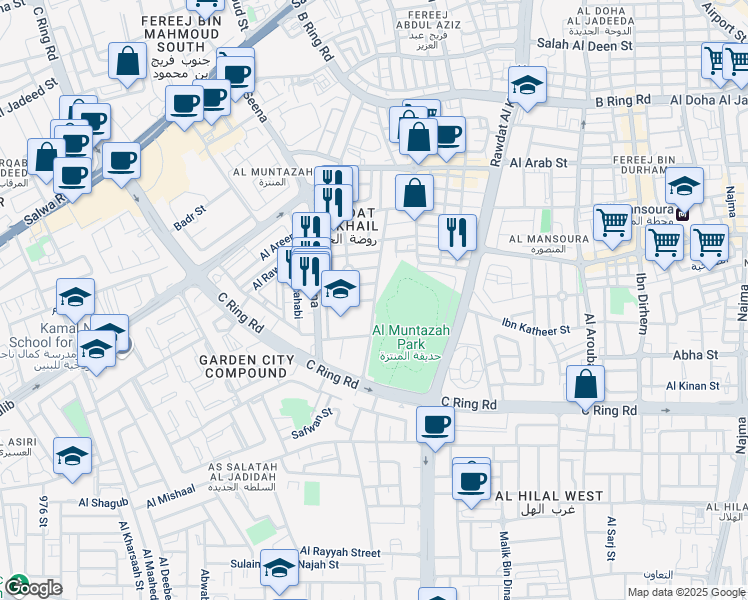 map of restaurants, bars, coffee shops, grocery stores, and more near Abu Al Qasim Al Shabi St in Doha