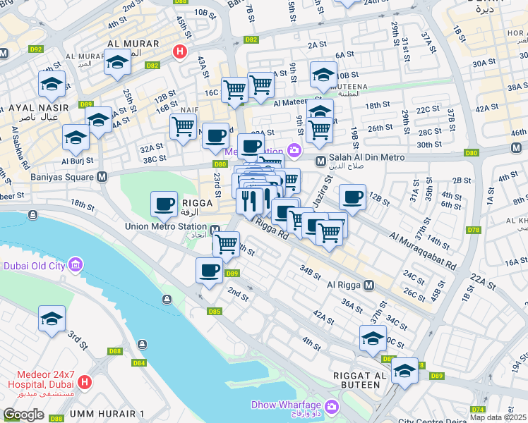 map of restaurants, bars, coffee shops, grocery stores, and more near Al Rigga Road in Dubai