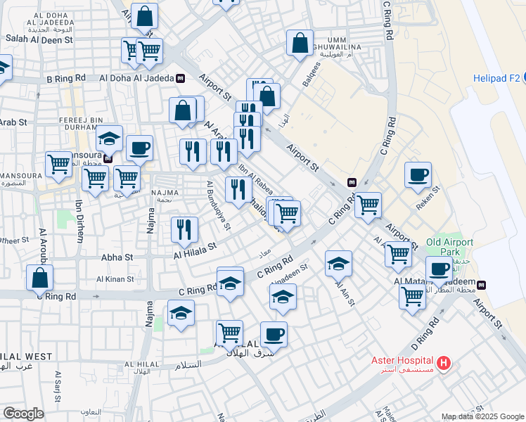 map of restaurants, bars, coffee shops, grocery stores, and more near Al Khalidiya Street in Doha