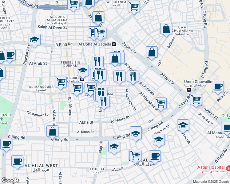 map of restaurants, bars, coffee shops, grocery stores, and more near Al Thurayya Street in Doha