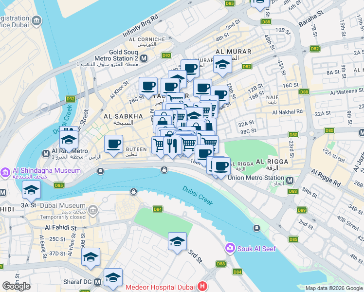 map of restaurants, bars, coffee shops, grocery stores, and more near 19 Al Maktoum Hospital Road in Dubai