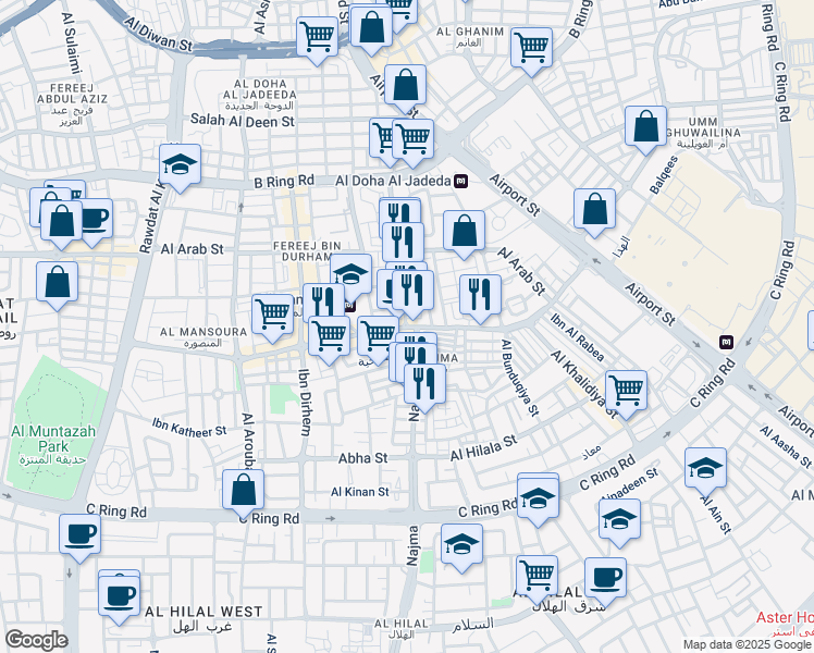 map of restaurants, bars, coffee shops, grocery stores, and more near Najma Street in Doha