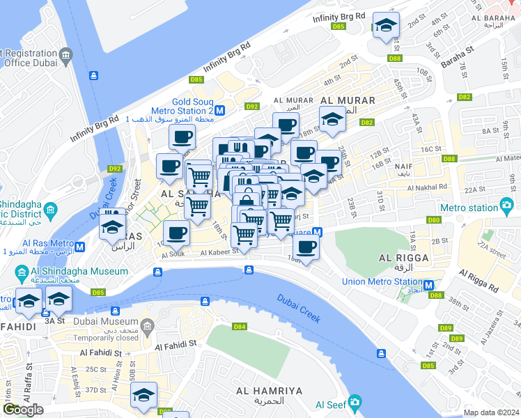 map of restaurants, bars, coffee shops, grocery stores, and more near 6 A Street in Dubai