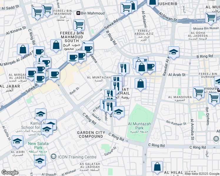 map of restaurants, bars, coffee shops, grocery stores, and more near Ibn Seena Street in Doha