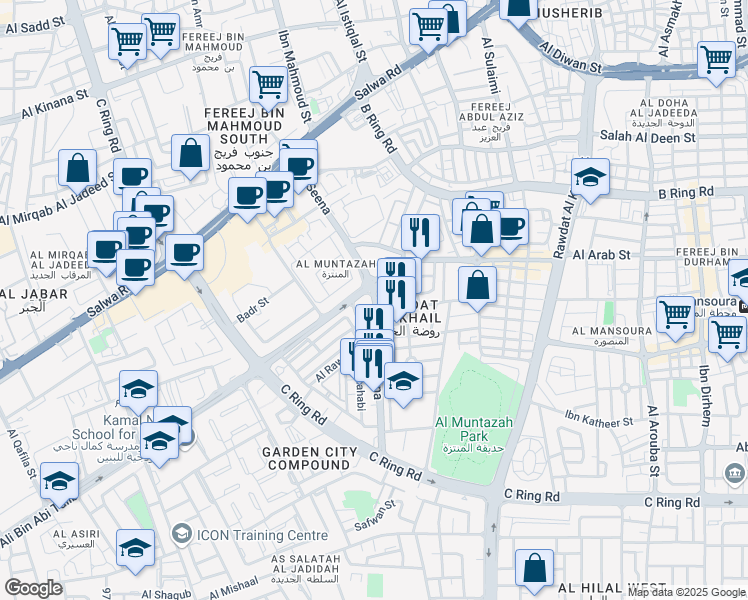map of restaurants, bars, coffee shops, grocery stores, and more near Ibn Seena Street in Doha