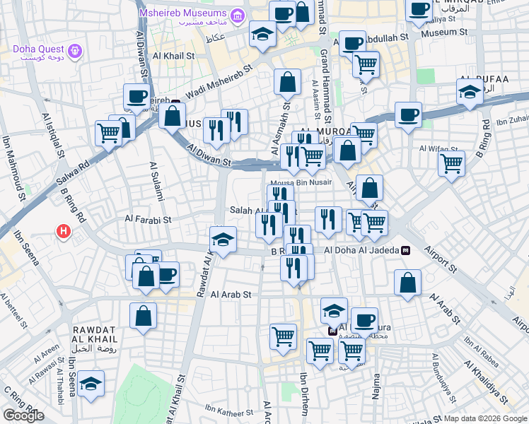 map of restaurants, bars, coffee shops, grocery stores, and more near Al Doha Al Jadeeda Street in Doha