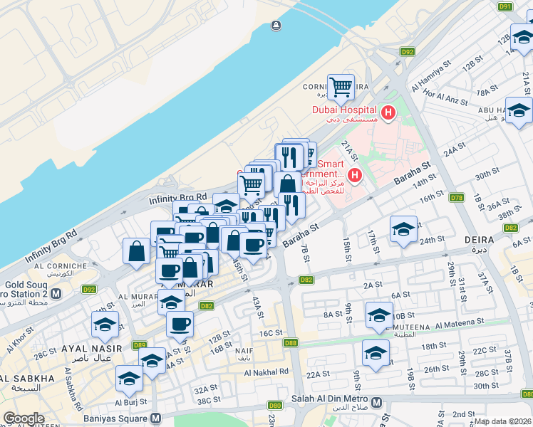 map of restaurants, bars, coffee shops, grocery stores, and more near 4th Street in Dubai