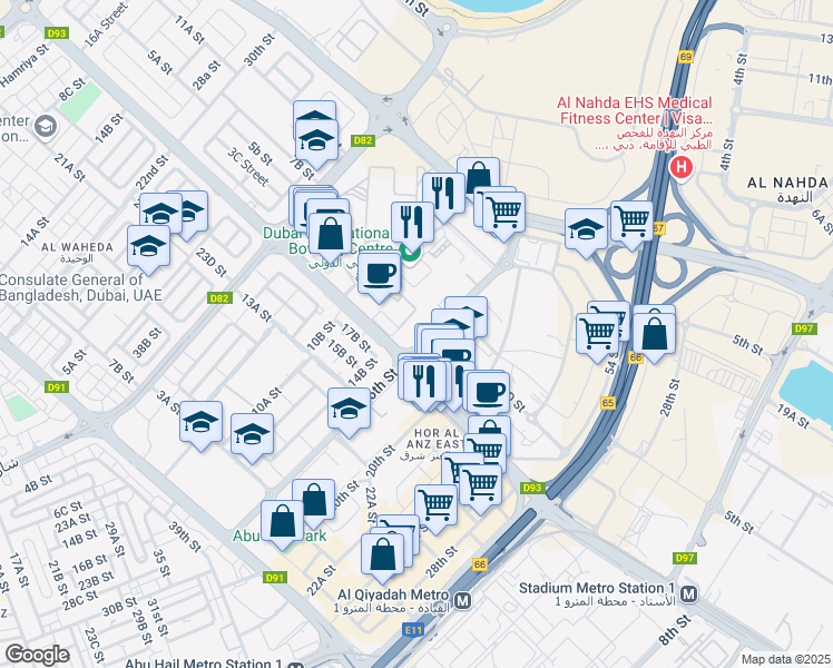 map of restaurants, bars, coffee shops, grocery stores, and more near Al Wuheida Street in Dubai