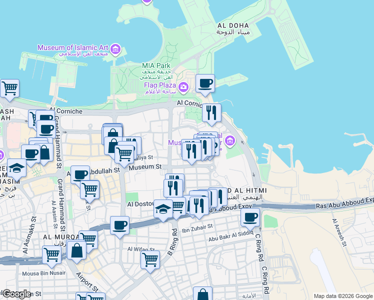 map of restaurants, bars, coffee shops, grocery stores, and more near Al Aaliya Street in Doha
