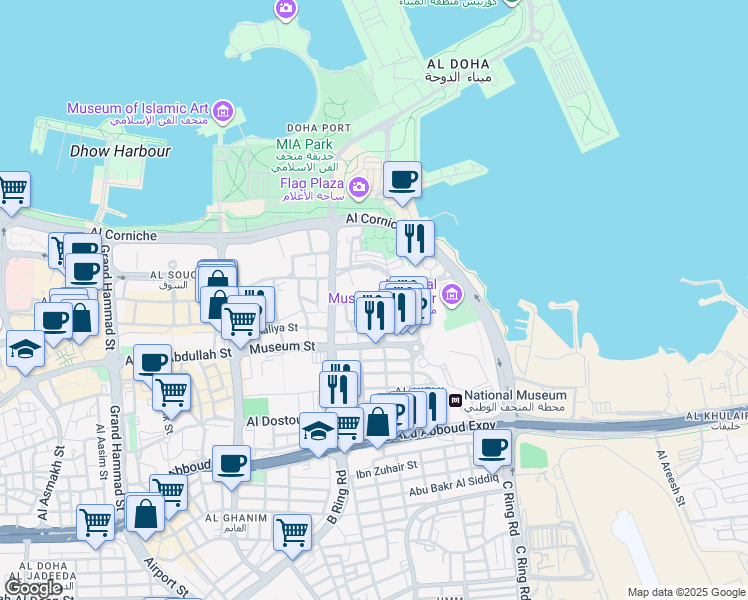 map of restaurants, bars, coffee shops, grocery stores, and more near Al Aaliya Street in Doha