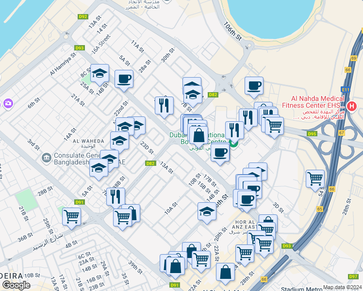 map of restaurants, bars, coffee shops, grocery stores, and more near Al Wuheida Street in Dubai