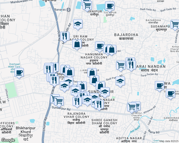 map of restaurants, bars, coffee shops, grocery stores, and more near in Varanasi