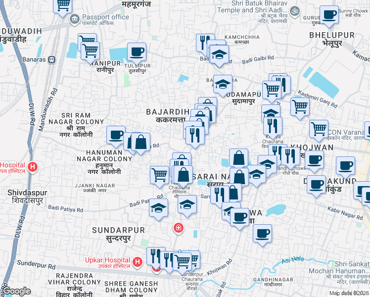 map of restaurants, bars, coffee shops, grocery stores, and more near in Varanasi