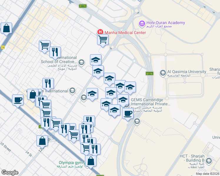 map of restaurants, bars, coffee shops, grocery stores, and more near Fire Station Road - Muwaileh in Sharjah