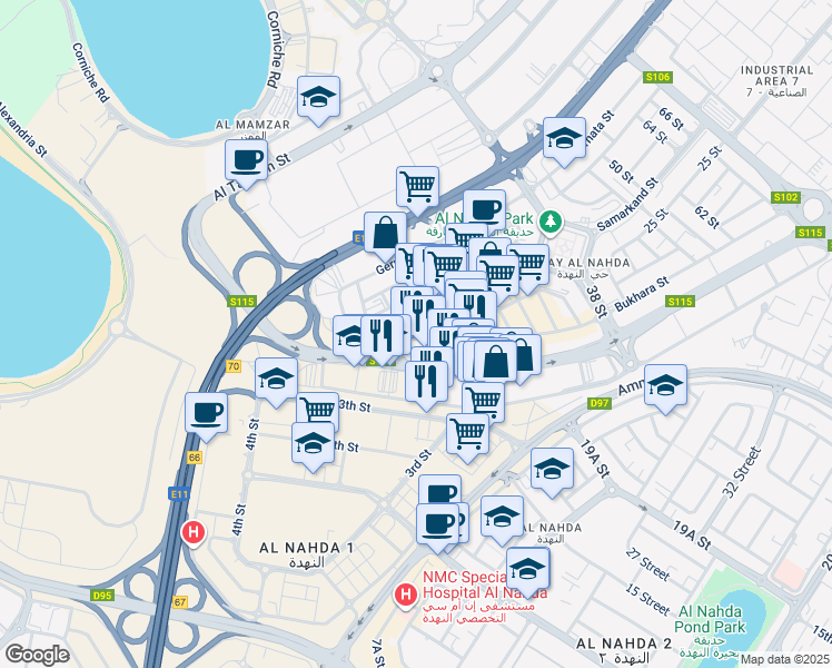map of restaurants, bars, coffee shops, grocery stores, and more near 128 Al Nahda Street in Sharjah