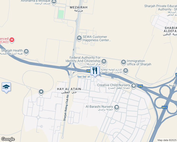 map of restaurants, bars, coffee shops, grocery stores, and more near E88 in Sharjah