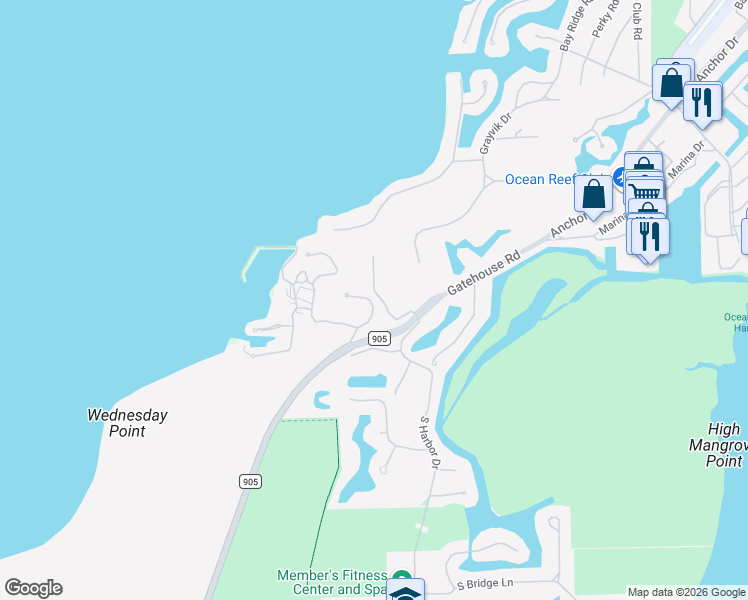 map of restaurants, bars, coffee shops, grocery stores, and more near 92 E Lake Rd in Key Largo
