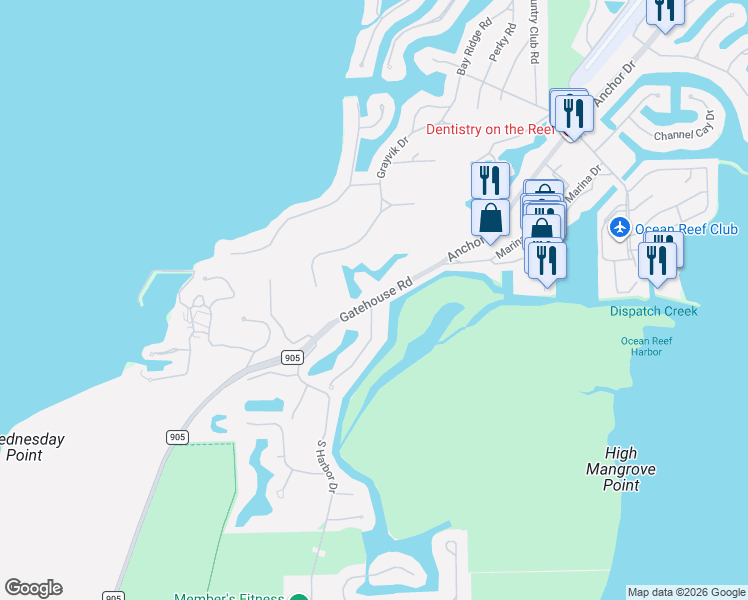 map of restaurants, bars, coffee shops, grocery stores, and more near Gatehouse Road in Key Largo