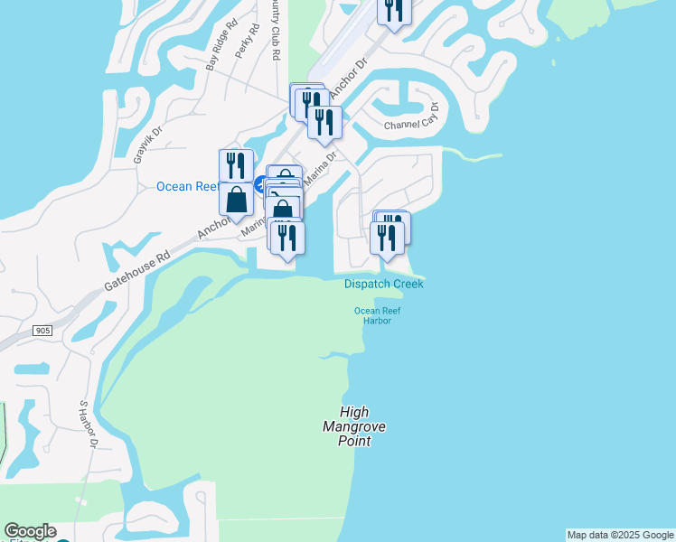 map of restaurants, bars, coffee shops, grocery stores, and more near 24 Dockside Lane in Key Largo