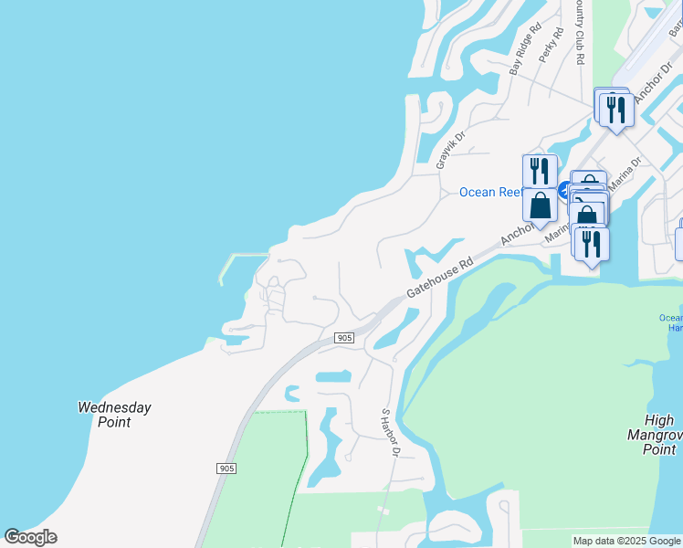 map of restaurants, bars, coffee shops, grocery stores, and more near 16 Golf Village Drive in Key Largo