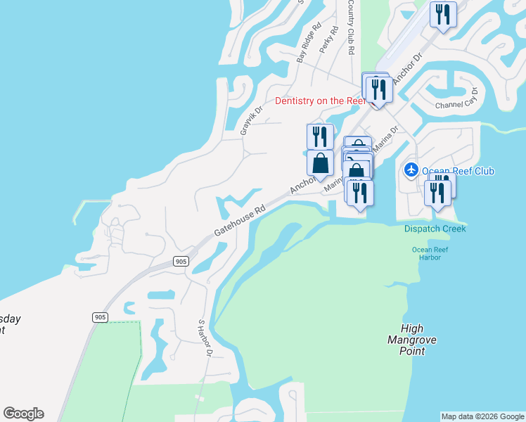 map of restaurants, bars, coffee shops, grocery stores, and more near Gatehouse Road in Key Largo