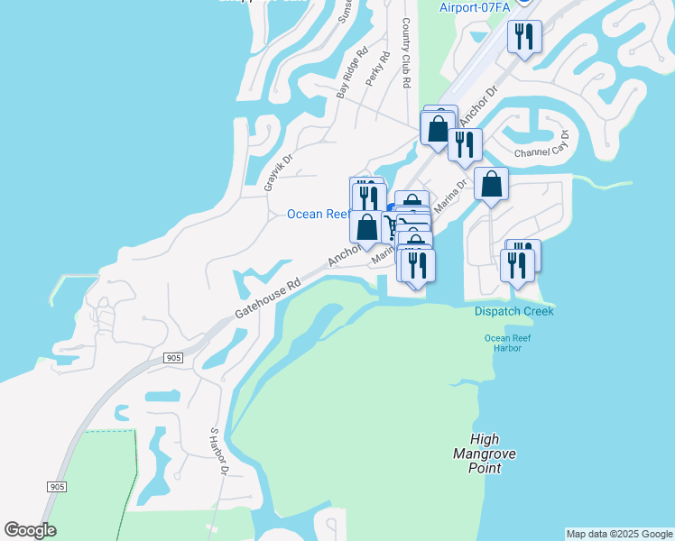 map of restaurants, bars, coffee shops, grocery stores, and more near 20 Gatehouse Road in Key Largo