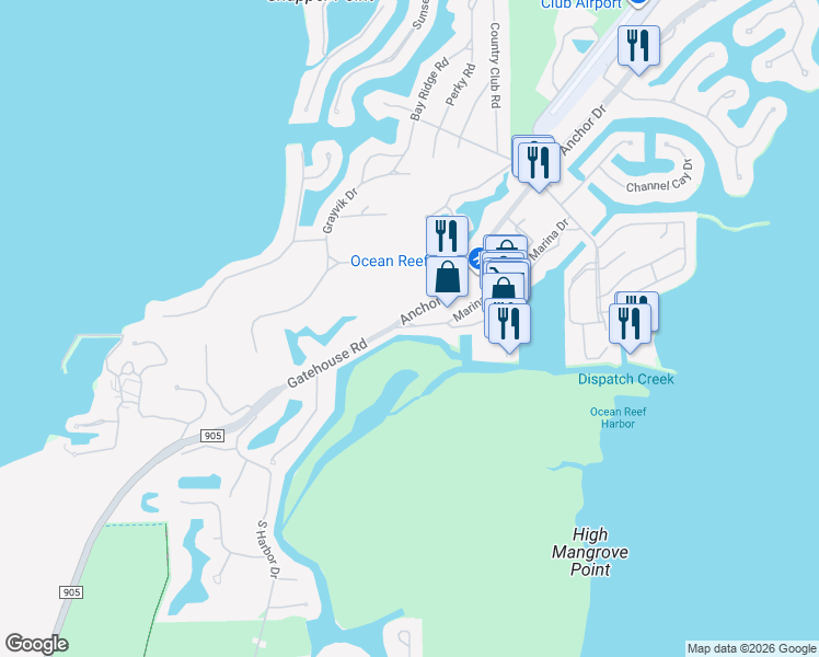 map of restaurants, bars, coffee shops, grocery stores, and more near 20 Gatehouse Road in Key Largo