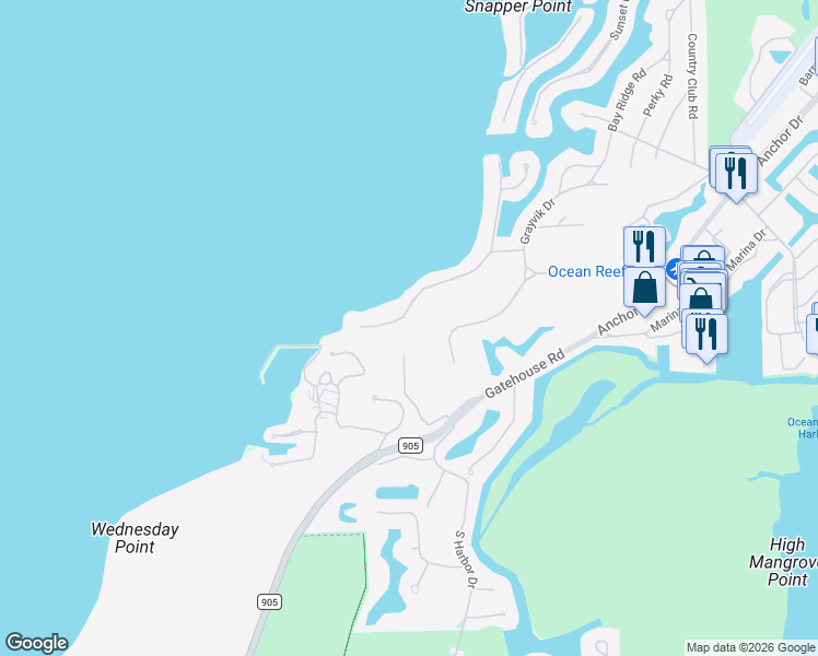 map of restaurants, bars, coffee shops, grocery stores, and more near 40 Card Sound Road in Key Largo