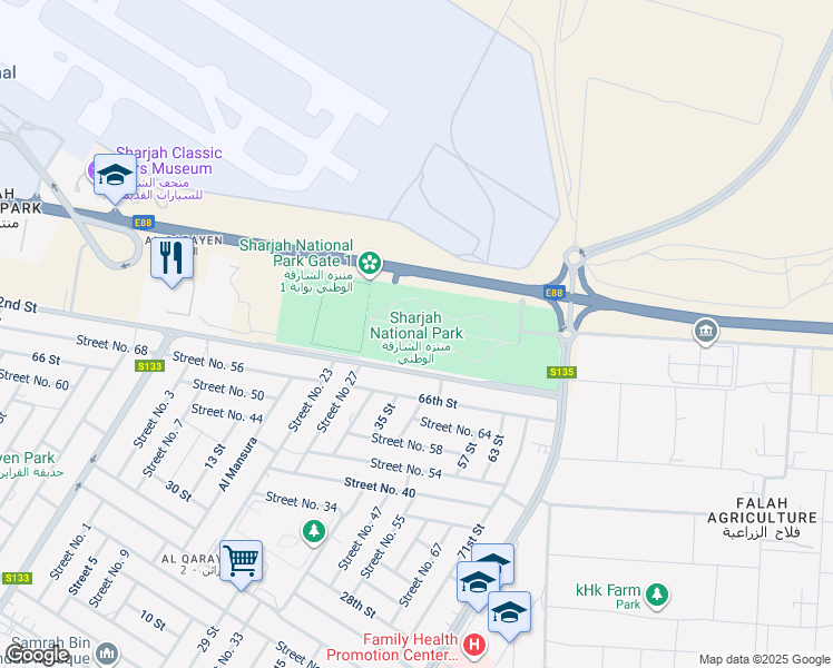 map of restaurants, bars, coffee shops, grocery stores, and more near E88 in Sharjah