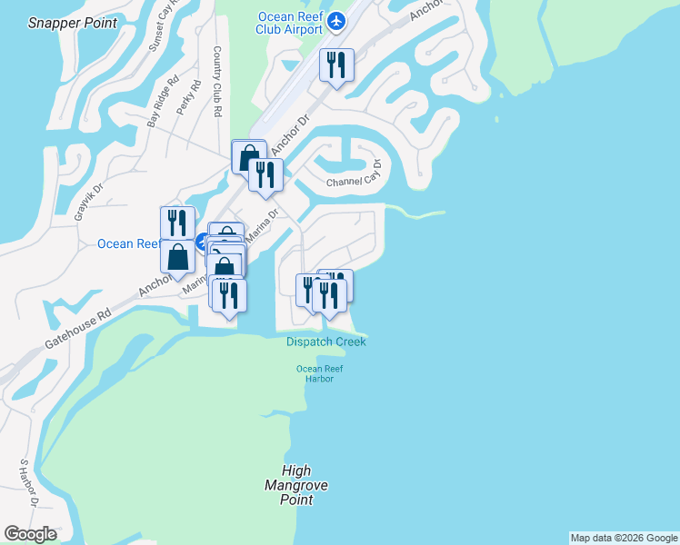map of restaurants, bars, coffee shops, grocery stores, and more near 101 Andros Road in Key Largo