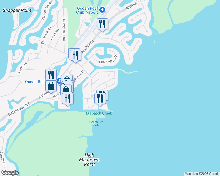 map of restaurants, bars, coffee shops, grocery stores, and more near 210 Andros Road in Key Largo